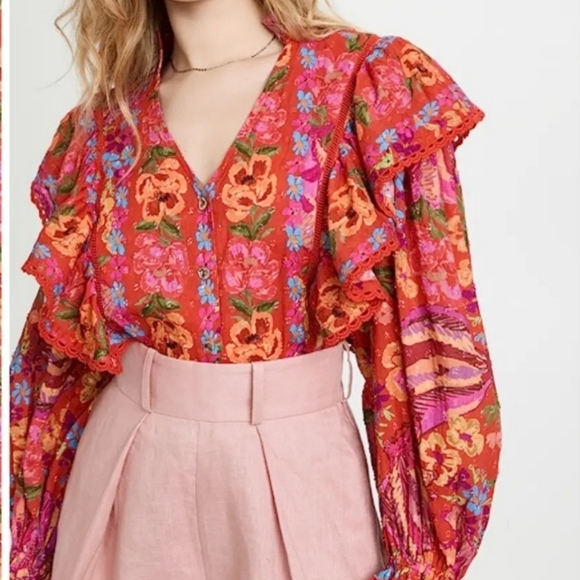 Farm Rio Red Ruffle Sleeve Blouse - Picture 10 of 10